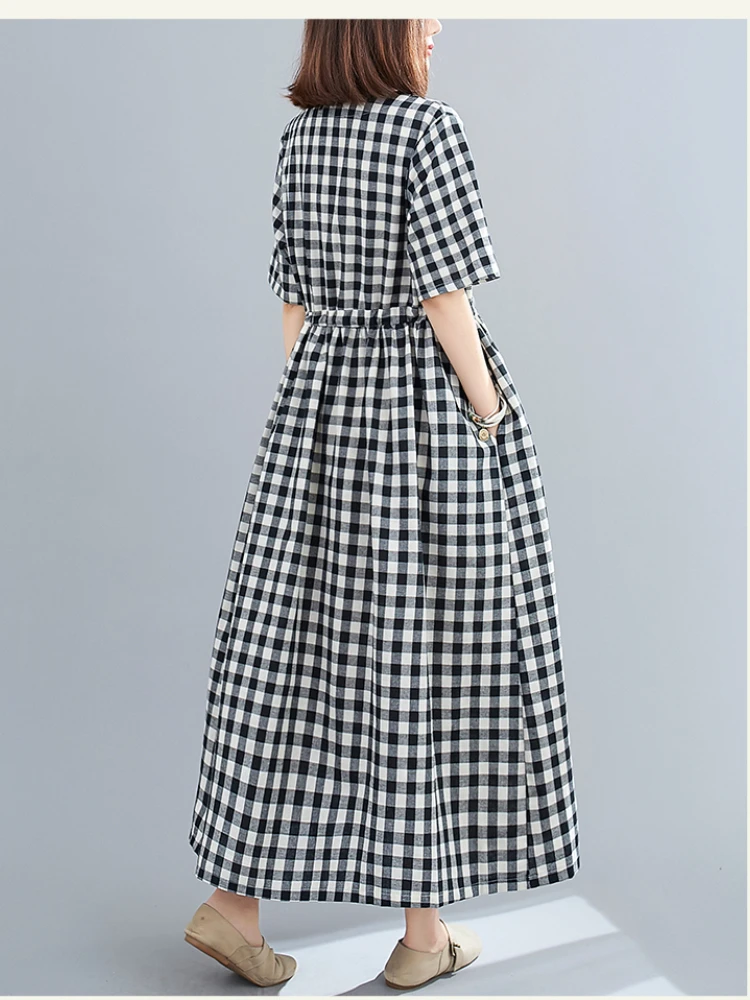 Korean sense Short Sleeve V-Neck Dresses Cotton Linen High Waist Women Summer 2024 New Clothing Medium And Long Plaid Dress