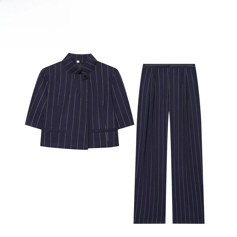 Fashionable Striped Set Coat And Pants High Waist Long Pants Regular Sleeve Length Long Sleeve Spring Season Loose Fit Women'...