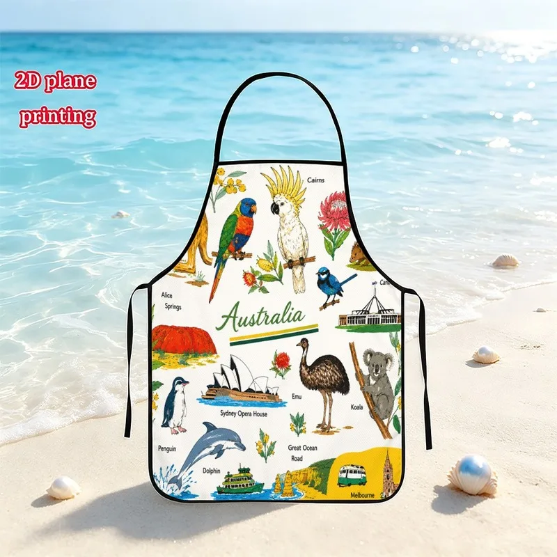 1PC【Apron】2DFlat effect，Printed with distinctive Australian birds（Parrot、Sunflower Cockatoo）、Sydney Opera House、an