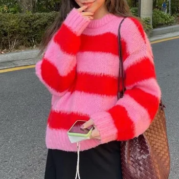 สี Candy ถักเสื้อกันหนาวผู้หญิง O คอยาวแขนยาวเกาหลีหวาน Pullover จัมเปอร์หญิง Sueter Mujer ขี้เกียจสไตล์