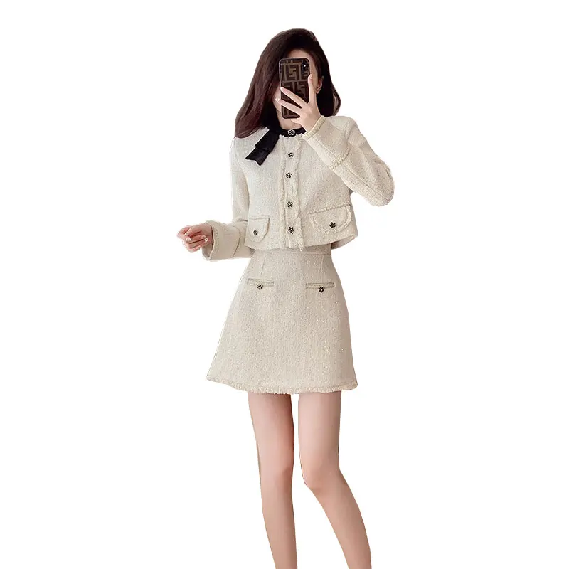 

Women's tweed 2-pcs set apricot long sleeved round neck jacket+skirt 2024 new spring/autumn small fragrance style set