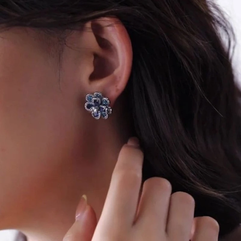 2026 New Arrival Exquisite Temperament Blue Three-dimensional Flower Stud Earrings For Women Fashion Sweet Crystal Jewelry Gifts