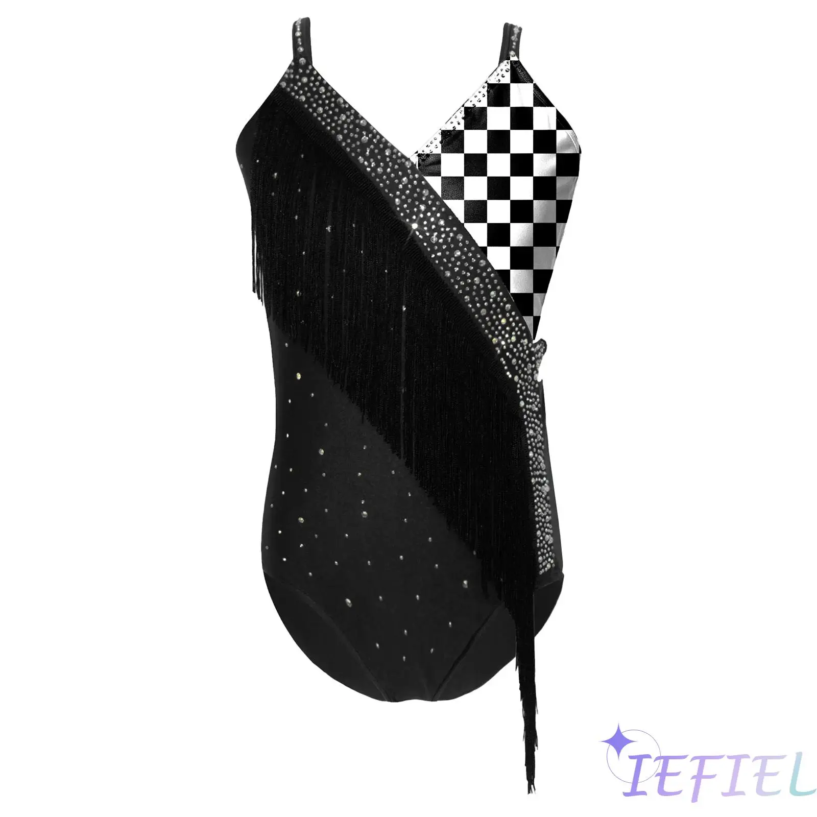 Girls Spaghetti Shoulder Straps V-neck Bodysuit Rhinestone and Tassel Decoration Triangle Jumpsuit for Latin Dance Performance