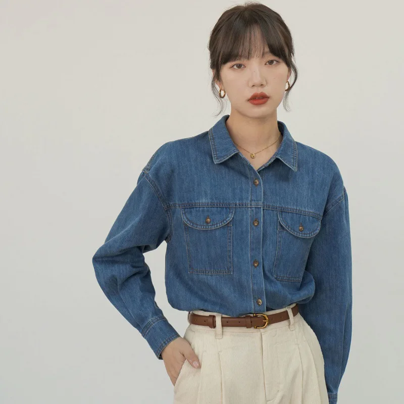 معطف الدنيم المعتاد للمرأة الخريف يزين مزدوجة الصدر المرقعة حزام سليم صالح الرباط مطوي سترات الكلية الشباب