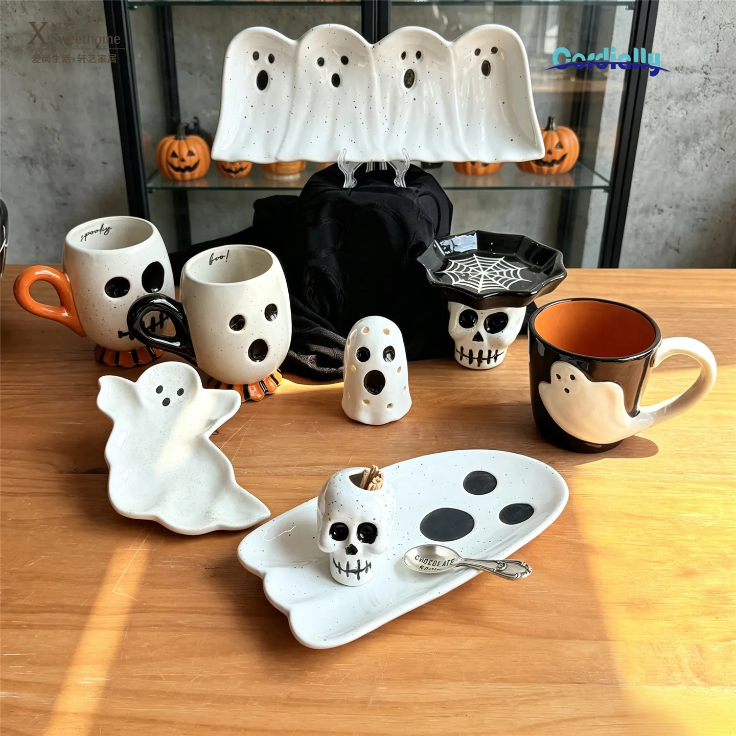 Ceramic Halloween Dinnerware Set Ghost Skull Mug Pumpkin Spider Bowl Witch Rectangular Plate Party Tableware Gift Box