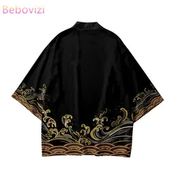 Kimono japonés de talla grande para mujer, cárdigan de playa, ropa tradicional asiática Haori, estampado de moda, negro, 5XL, 6XL, Verano