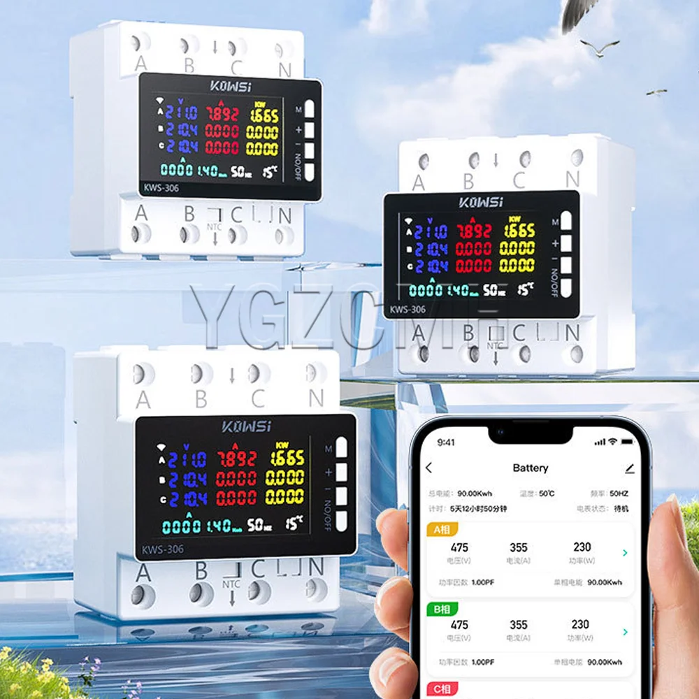 Tuya WIFI 3-phase 4-wire Power Meter AC85-290V Smart Life Voltmeter Rail Digital Meter Overvoltage Protection Switch KWS-306