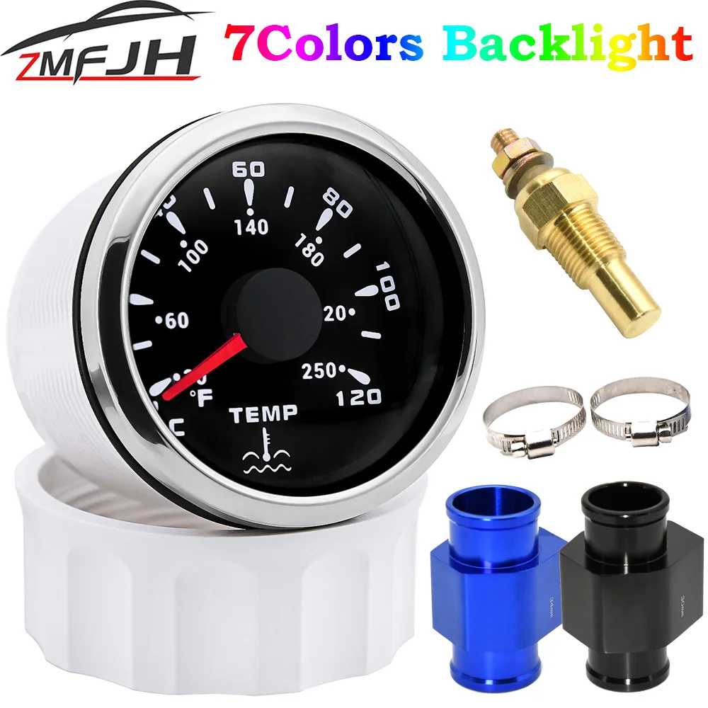 52MM Boat Car Water Temperature Gauge 0-120 Celsius 7 Color Backlight With Water Temp Joint Pipe Sensor Adapter 1/8NPT Sensor