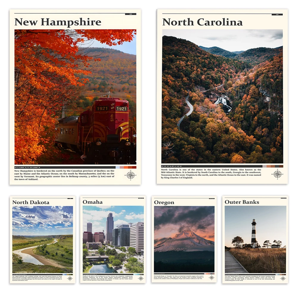 Outer Banks, Oregon, Omaha, Oklahoma, North Dakota, Rhode Island, New Jersey, New Hampshire, Nevada, Michigan USA travel poster