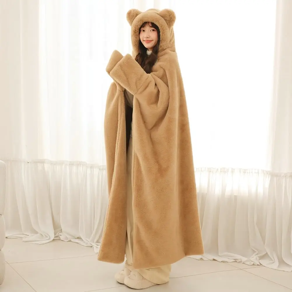 Ultra Soft Plush Bear Hooded Cape Blanket, Wearable Throw Blanket With Bear Ears & Sleeves, Warm Fuzzy Shawl for Bedroom