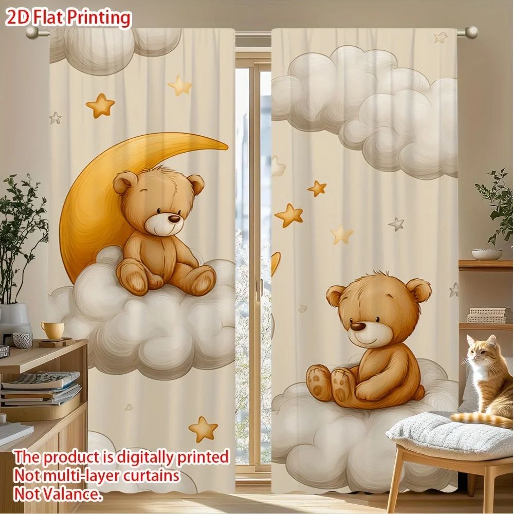Cartoon Teddy Bear Curtain, Cute Bear on Cloud Moon Print Blackout Curtains, Kids Room Nursery Decor, 2 Panels
