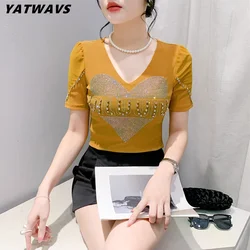 New Fashion Summer Girl Love Heart Shiny Diamonds t-Shirt Chic Sexy con scollo a v manica corta Top Shirt donna Slim All-Match Mesh Tees