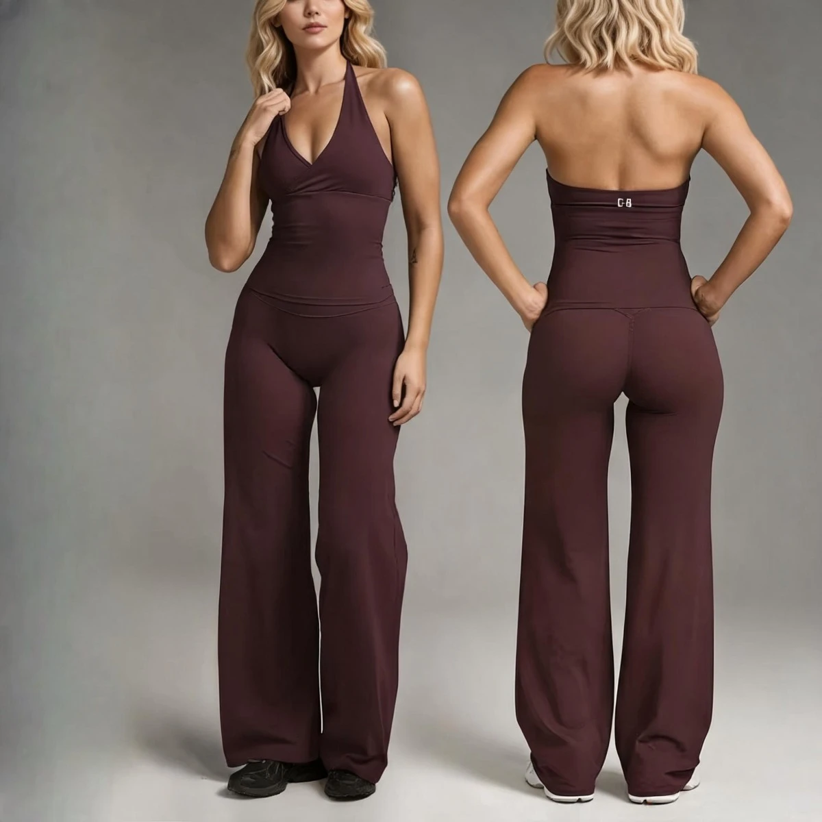 C-B Seamless Halter Sports Cami High Waist Straight Leg Yoga Pants Women Stretch V Neck Padded Gym Fitness Separate Outfit