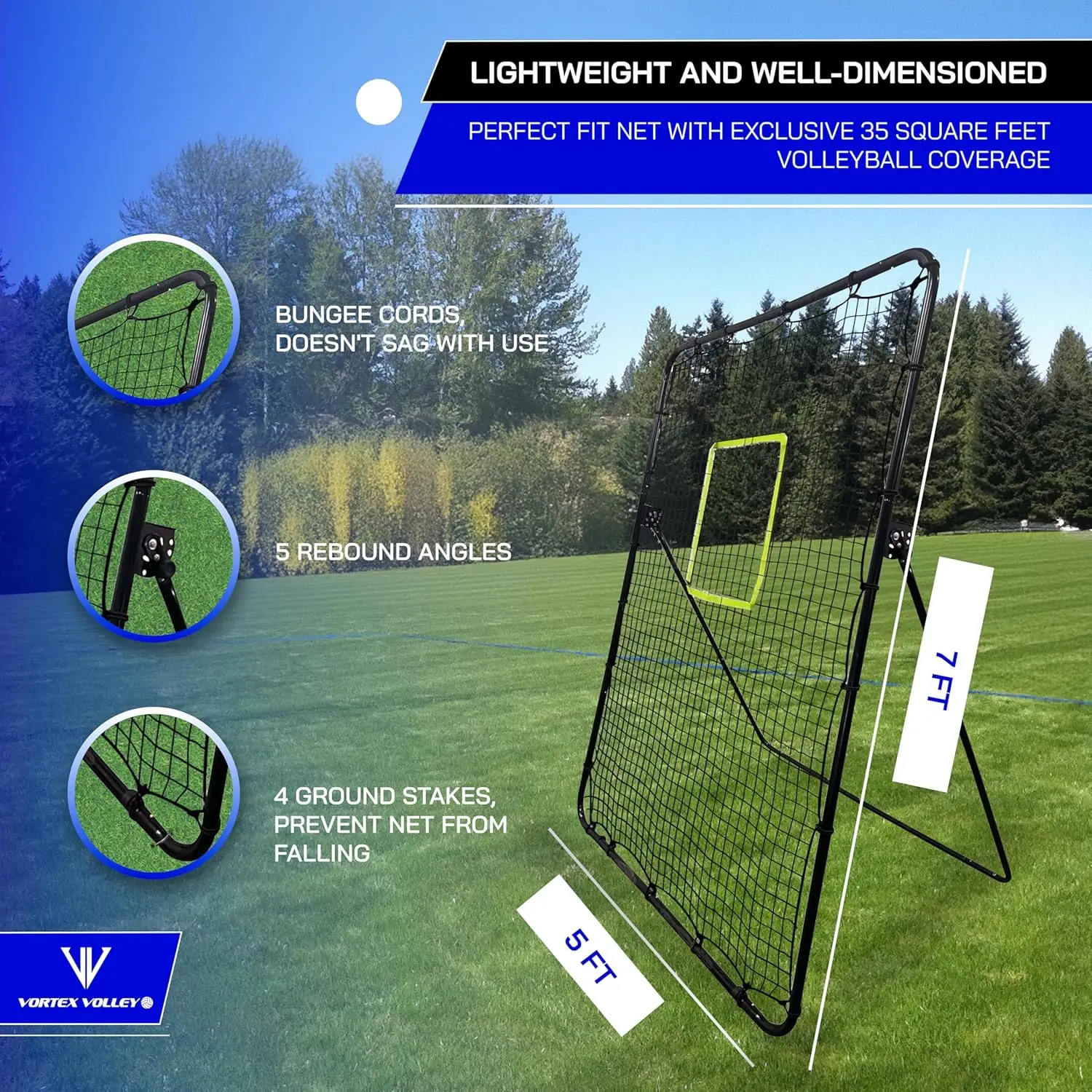 Volleyball Rebounder Net 5x7ft Volleyball Bounce Back Net, 5 Adjustable Rebound Angles with Neon Target and Adjustable Bungee