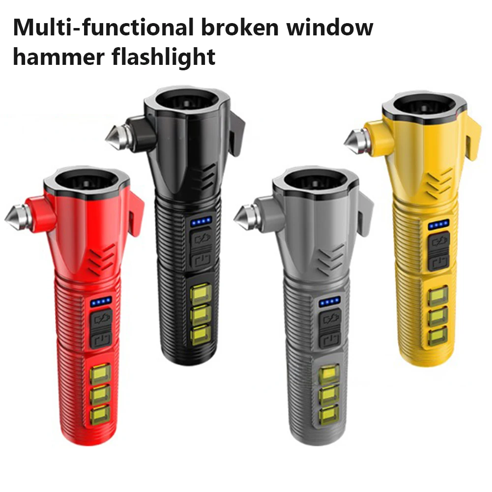 Multi-functional LED Flashlight COB Safety Hammer Lifesaving USB Charging With Magnet Emergency Life-saving Camping Flashlight