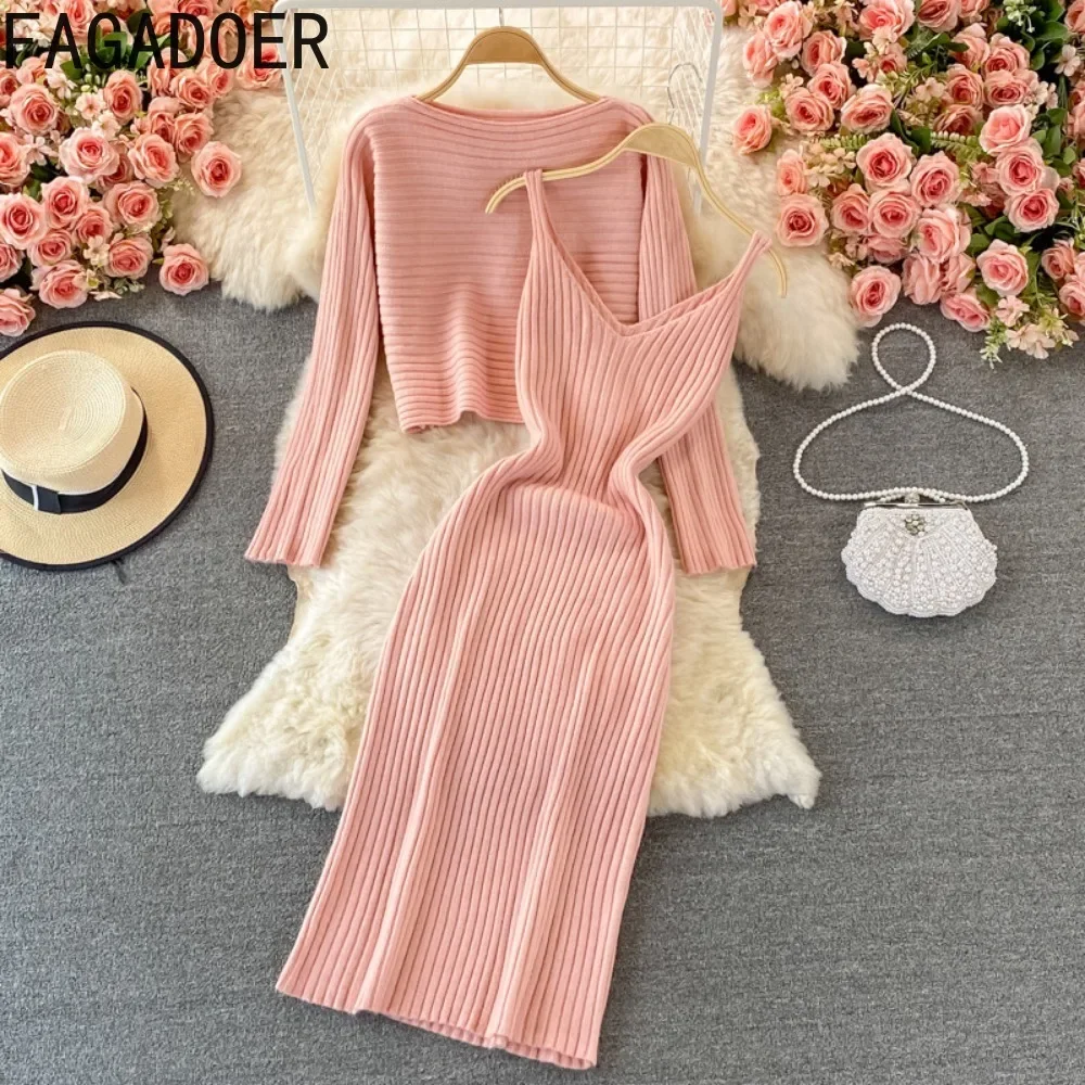 

FAGADOER Winter New Ribbing 2 Piece Sets Women Outfit Solid Color Long Sleeves Top + Spaghetti Strap Dress Elegant Suit Clothing