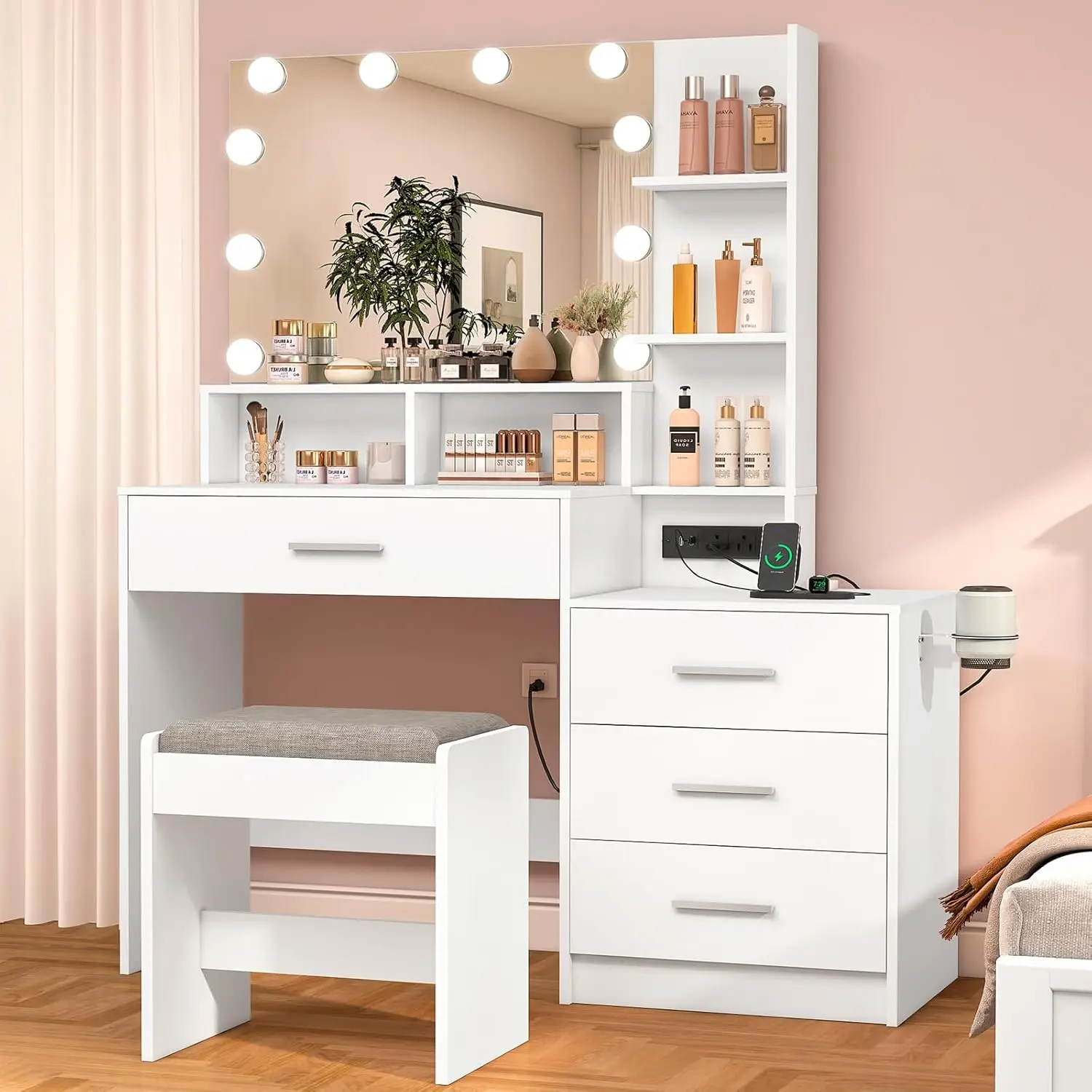 usikey Large Vanity Table Set with Lighted Mirror & Charging Station, Makeup Vanity Dressing Table with 4 Storage Shelves and 4