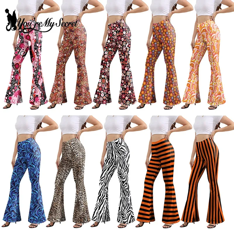 

[You're My Secret] 60s 70s Women High Waist Trousers Hippie Club Style Stripe Printed Pants Trousers Skinny Bell Bottom
