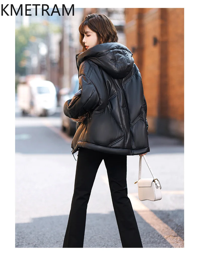 100% abrigos de piel de oveja para mujer, chaqueta acolchada holgada de cuero genuino negro, novedad de 2025, ropa de abrigo, ropa de invierno para mujer