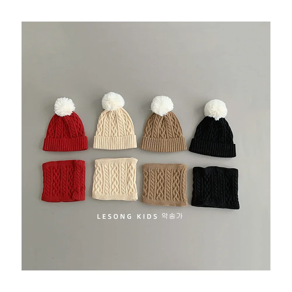 

2Pcs Cute Pom Knit Kids Hats with Sacrf Set Winter Thicken Warm Kids Ear Protection Caps Girls Boys Wool Ball Knitting Hat,