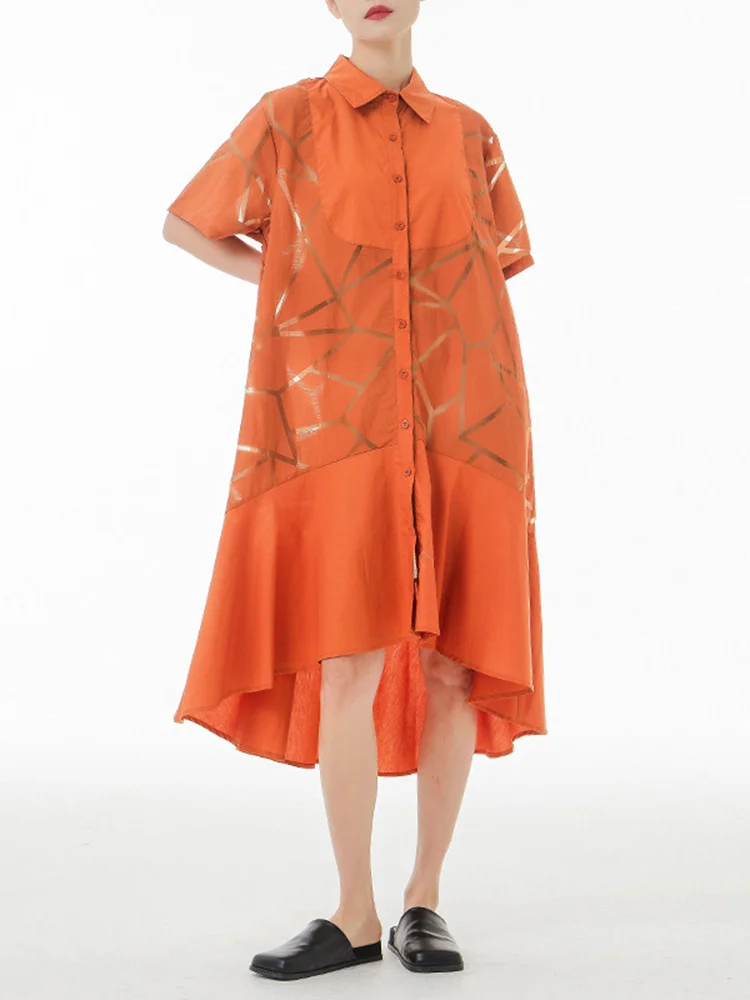 [EAM] Women Orange Perspective Big Size Ruffles Shirt Dress New Lapel Short Sleeve Fashion Tide Spring Summer 2024 1DE9785