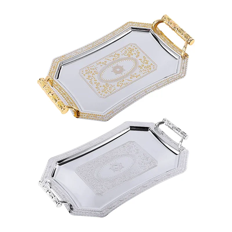 European Style Carved Decoration Tray for Tea Coffee Table with Handle Golden Silver Luxury Stainless Steel Serving Tray 1pc