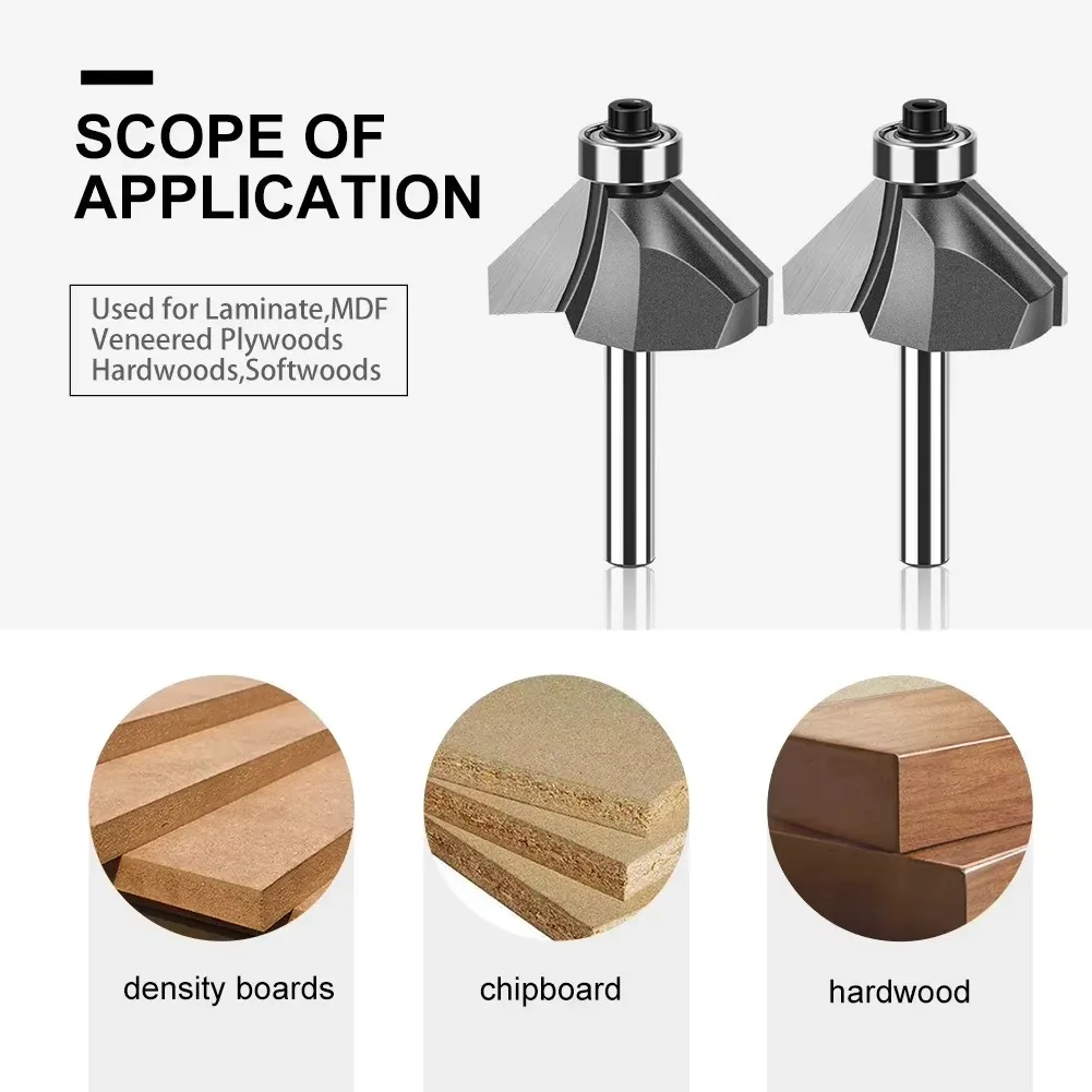 1 Pc 45 Degrees 1/2 1/4in Shank Chamfer Edge Forming Router Bit Flush Trim Bit Woodworking Milling Cutter Tool