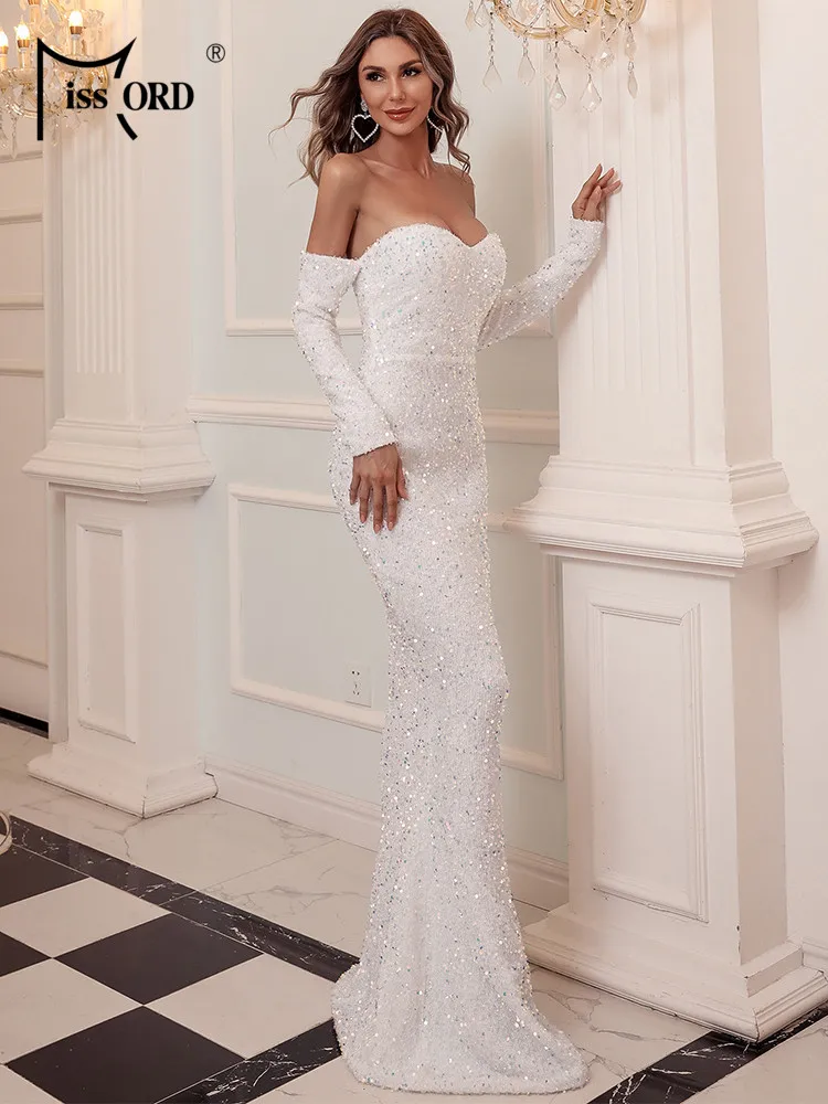 Missord White Wedding Party Dress Women Elegant Off the Shoulder Long Sleeves Sequin Bodycon Maxi Evening Prom Formal Dress Gown