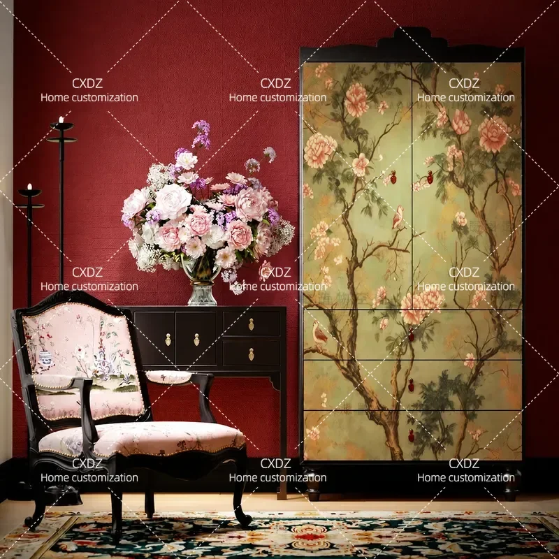 Chinese Style Flower and Bird Wardrobe Solid Wood Vertical Cabinet Living Room Porch Multi-functional Storage Locker