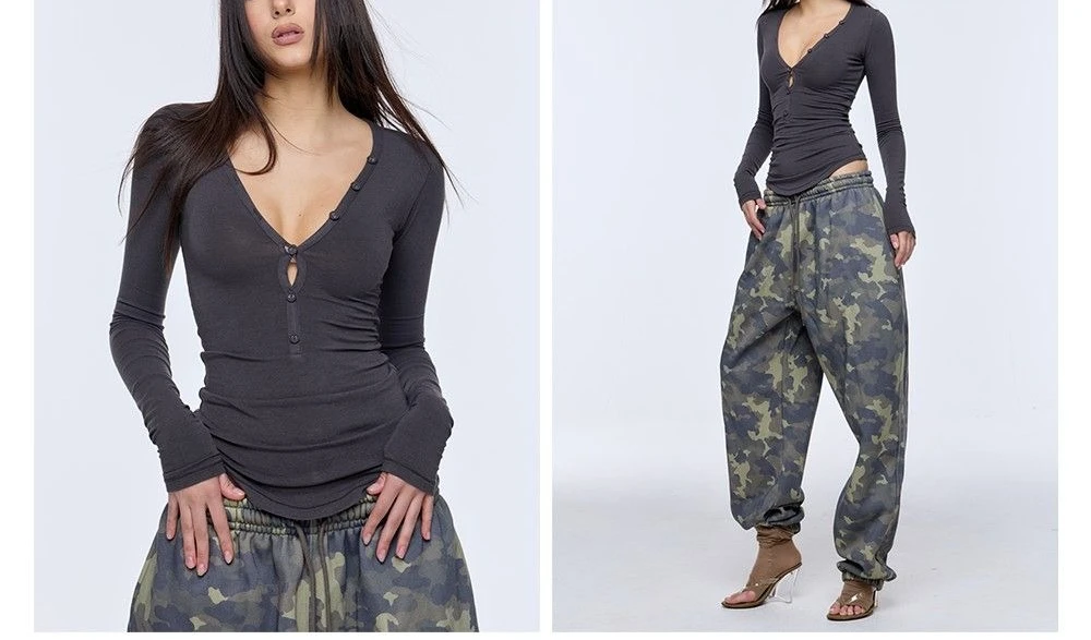 2026 New Pure Sexy V-neck Slim Waist-hugging Solid Color Fashionable Temperament Versatile Top
