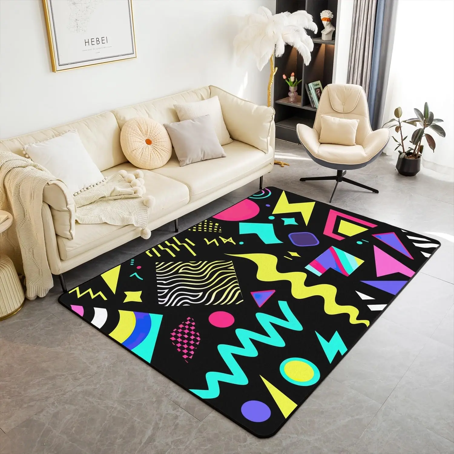 

Retro Memphis Style Geometric Print Area Rug, 80s Neon Colorful Non-Slip Floor Mat for Living Room Bedroom Home Decor Carpet