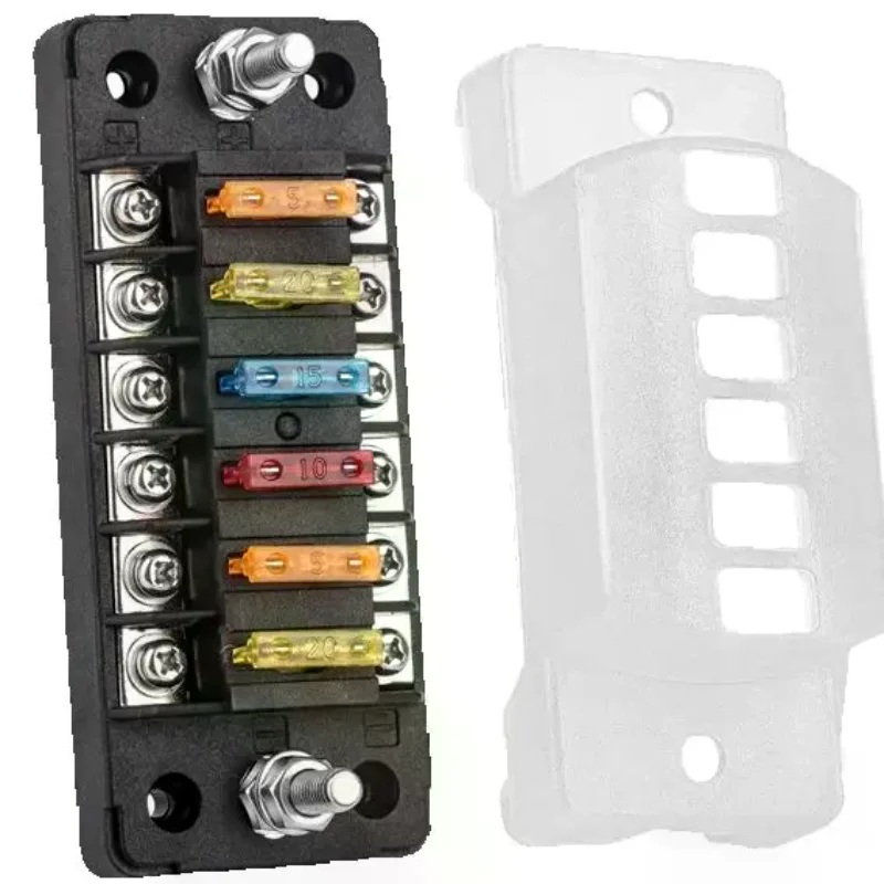 6-Way Car Fuse Holder With Negative Busbar 12V Blade Type Fuse Holder ATC/ATO Standard Fuse Box Label Sticker Waterproof Cover