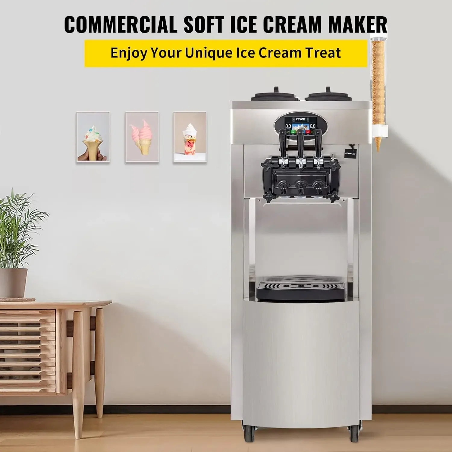 2024 NEW 2200W Commercial Soft Ice Cream Machine 3 Flavors 5.3 To 7.4Gallon Per Hour PreCooling At Night Auto Clean LCD Panel