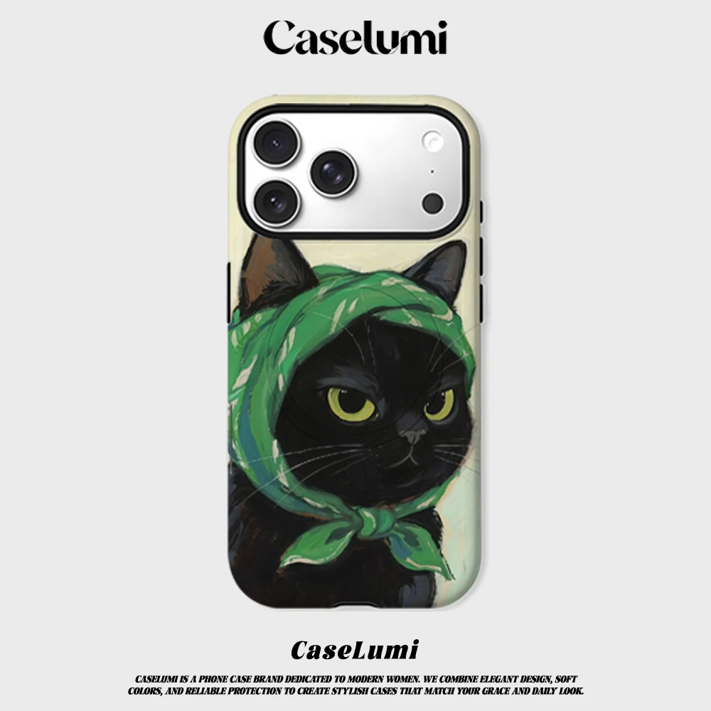 CaseLumi Matte Bumper für MagSafe Hülle für iPhone 17 16 15 Plus Pro Max Stoßfeste Harte PC-Hülle Schicke Schwarze Katze Grünes Kopftuch Cover