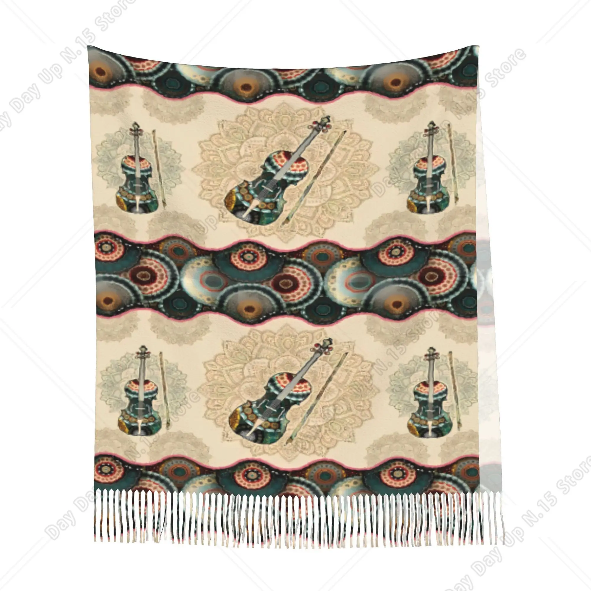 Vintage Ornate Violin Mandala Printed Shawl  Soft Fringed Warm Scarf Classical Music Lover Gift Wrap