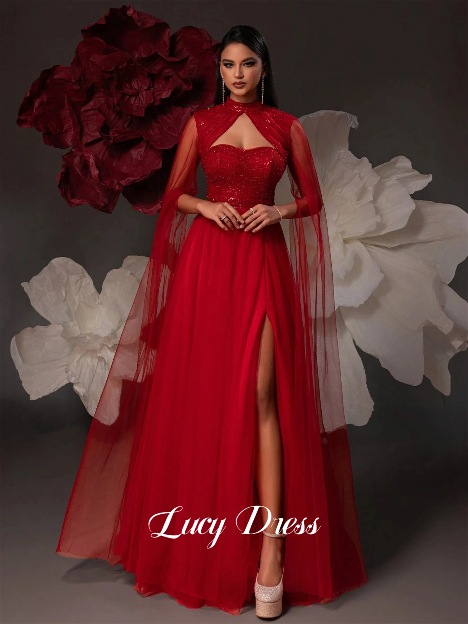 

Lucy Ball Gown Line A Shiny Fabric Graduation Mesh Shawl Deep Red Party Dress Sharon Said Long Dresses With Sleeves Evening