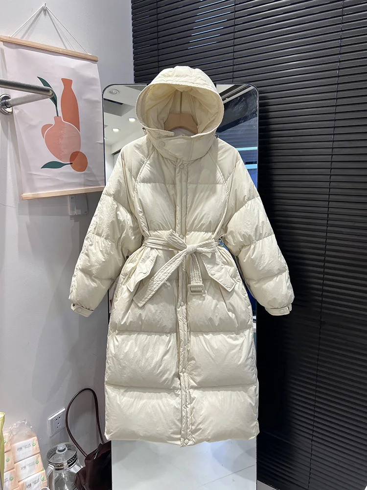 

Winter New Simple Long Style Over Knee Down Jacket Women's Fashion Hooded Waist Cincined Slimming White Duck Down Coat