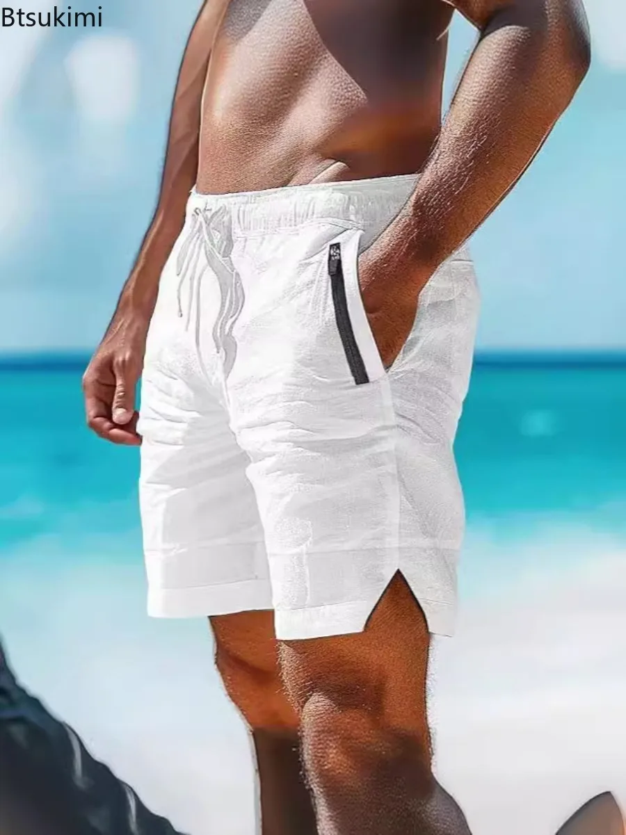 2025 Summer Men's Casual Shorts Breathable Cotton Beach Pants Fashion Elastic Waist Drawstring Sweatpant Men Baggy Pocket Shorts