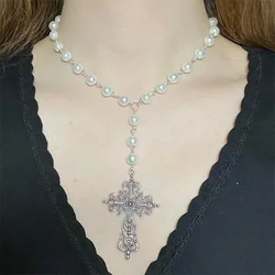 White Pearl Cross Rosary Handmade Beaded Pearl Chain Beads Necklace With Cross Pendant Gothic Necklace Victorian Cross Jewelry