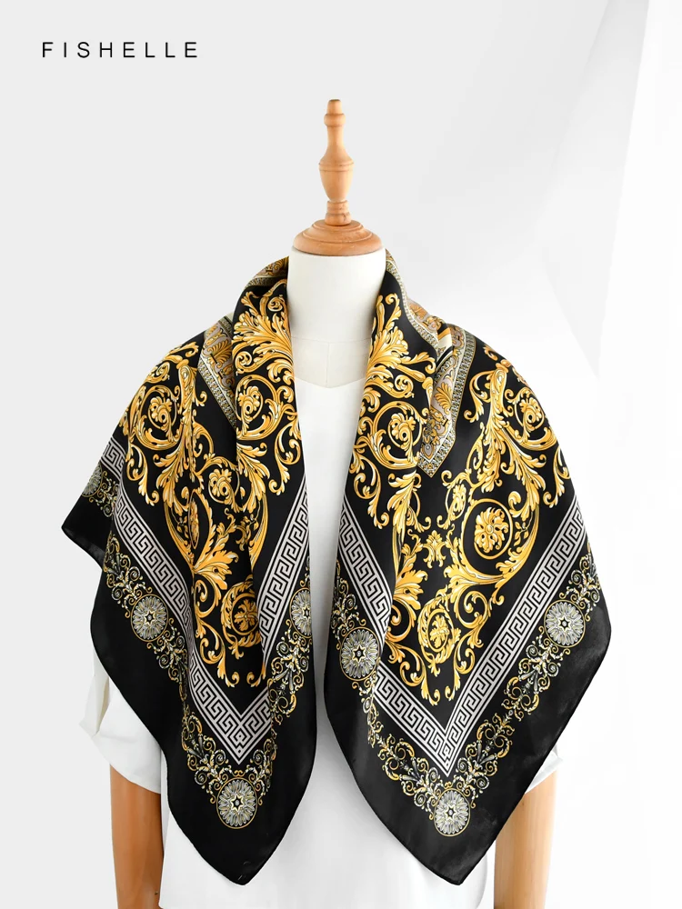 Exquisite patterns black&golden 100% natural silk scarf head band luxury gift women wrap bandana hijab shawl 90cm neckerchief