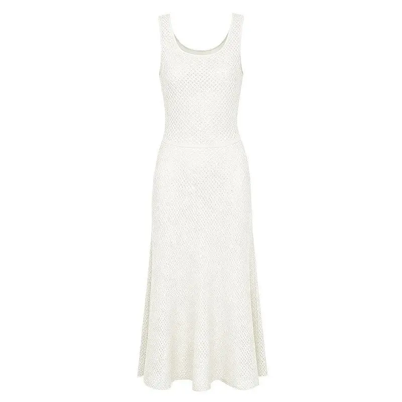

High Quality Summer New Style Women's Knitted Sleeveless Vest Dress Glitter High Waist A-Line Skirt round Neck Casual Dress