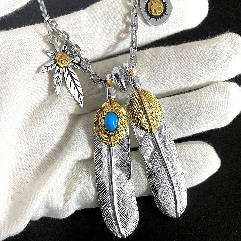 

Takahashi Goro's Goro Gold-Plated Leaf with Turquoise Feather Inlay Thai Silver Necklace Versatile Couple's Sweater Chain