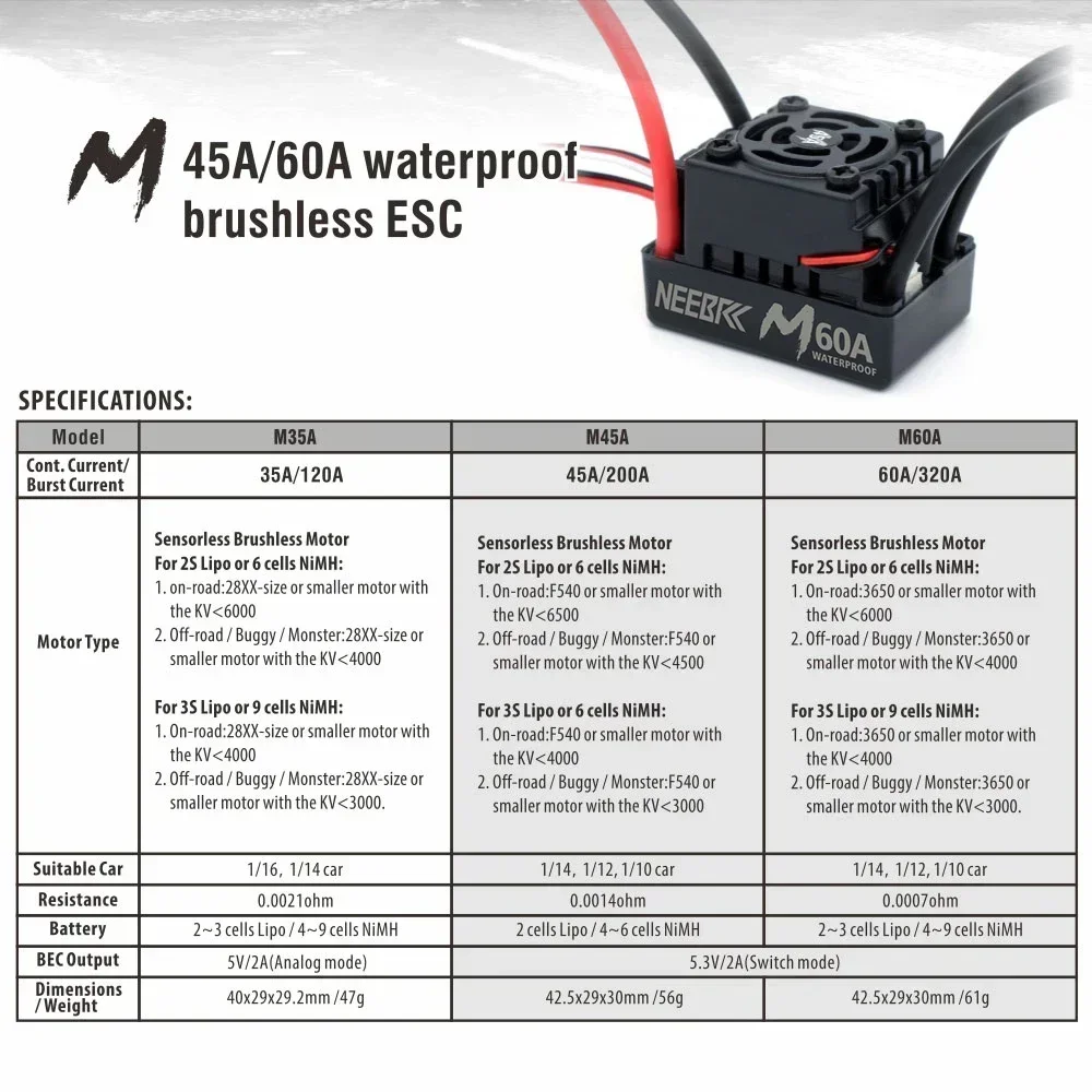 NEEBRC M Series 60A Waterproof ESC T XT60 Plug 2-3S Electronic Speed Controller for 1/10 1/12 1/14 RC Car 3650 Brushless Motor