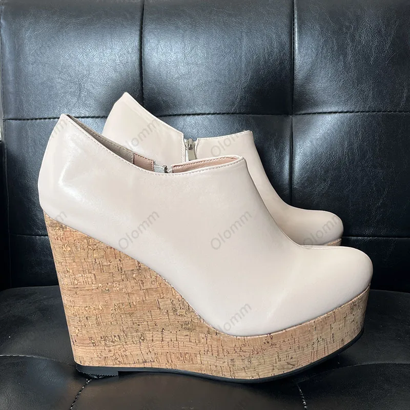 Olomm اليدوية النساء منصة مضخات أسافين عالية الكعب سحر جولة تو البيج الأبيض الوردي حذاء كاجوال السيدات زائد الولايات المتحدة حجم 5-20