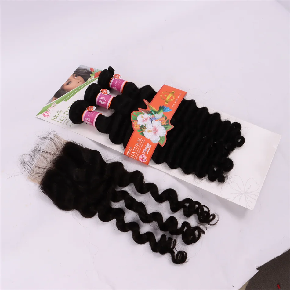 SWANEE-Bundles de cheveux humains Deep Wave non transformés pour femmes noires, mèches de cheveux avec fermetures, 10A, 20 po, 4 age, 16 po