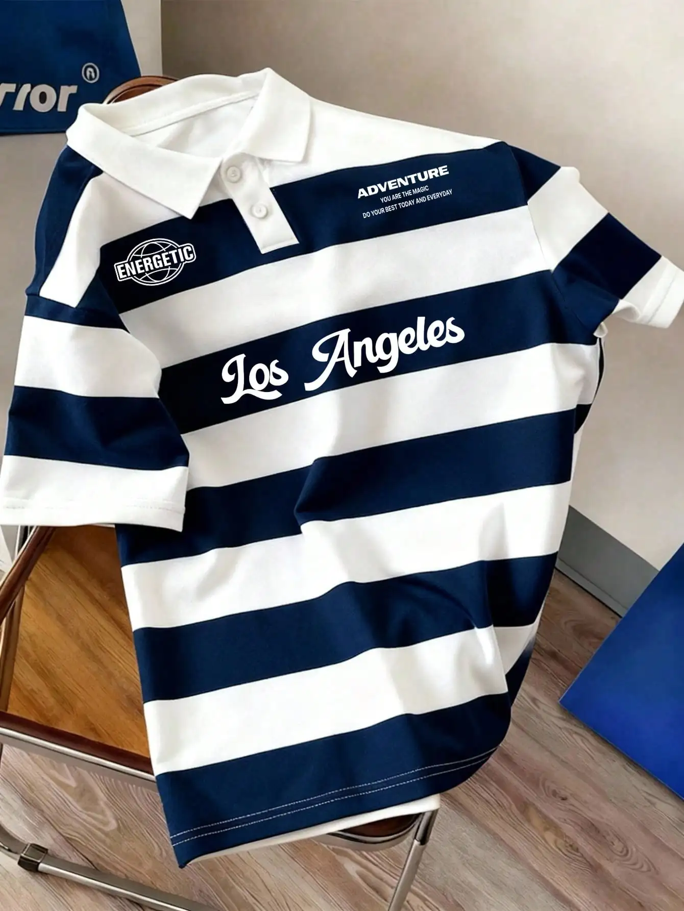 

Men's Navy and White Striped Casual Polo Shirt with Graphic Print