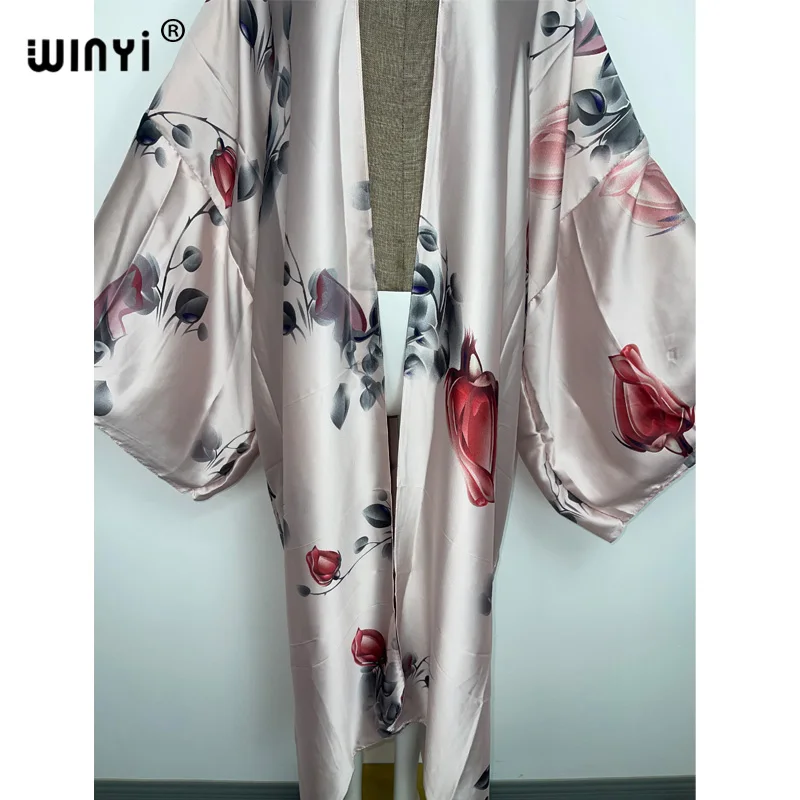 2022 WINYI Summer Beach Wear Swim Suit Cover up lady boho Cardigan pink printing elegant sexy Holiday long Sleeve Kimono kaftan