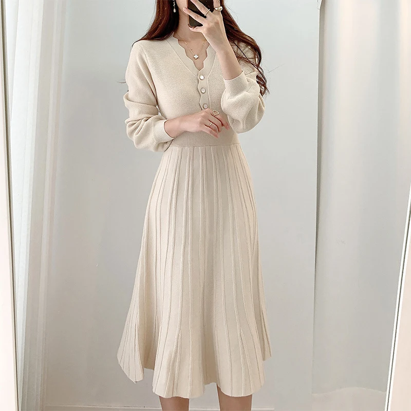 

Vintage One Piece Korean Pleated Dress Long Sleeve Slim Woman Sweater Dresses Knitted Elegant Midi Party Woman Dress Autumn 2022