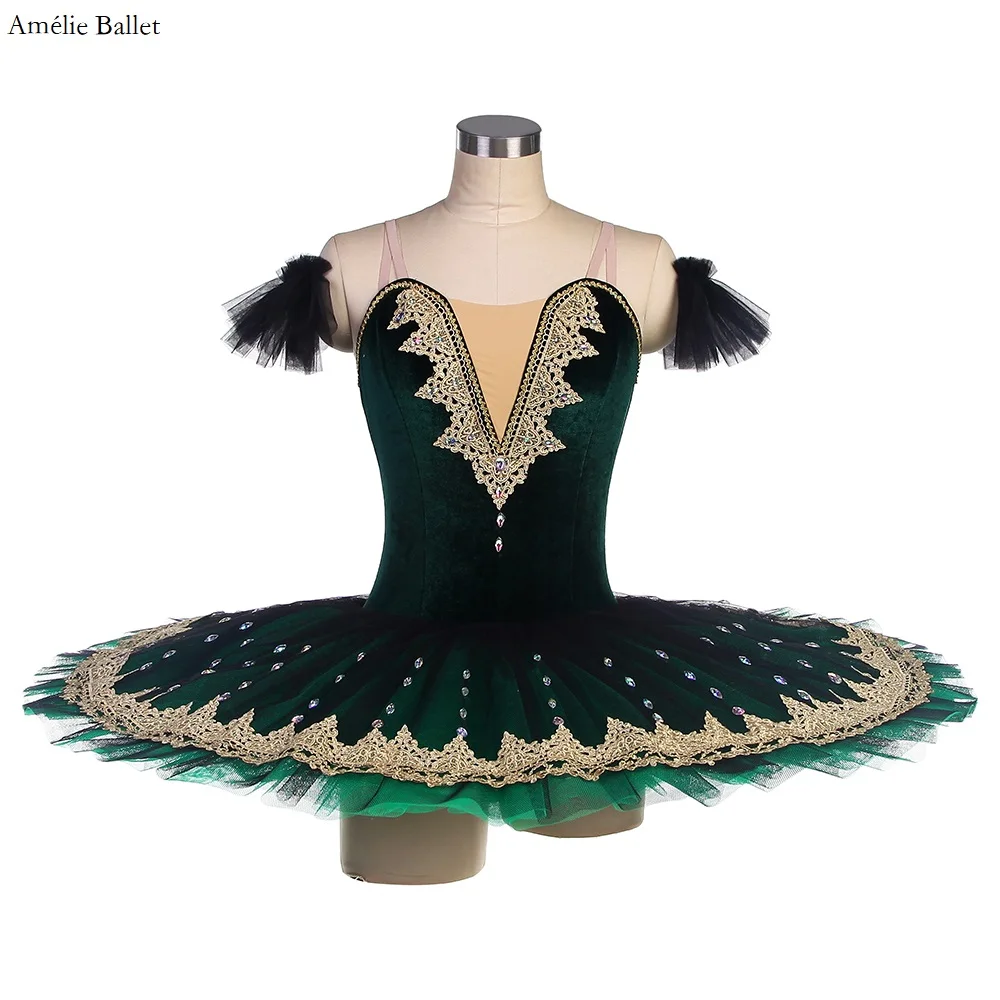 BLL558 Green Velvet Top Bodice with Gold Applique Trim Pancake Tutu Adult Girls Pre-professional Ballet Tutu Performance Costume