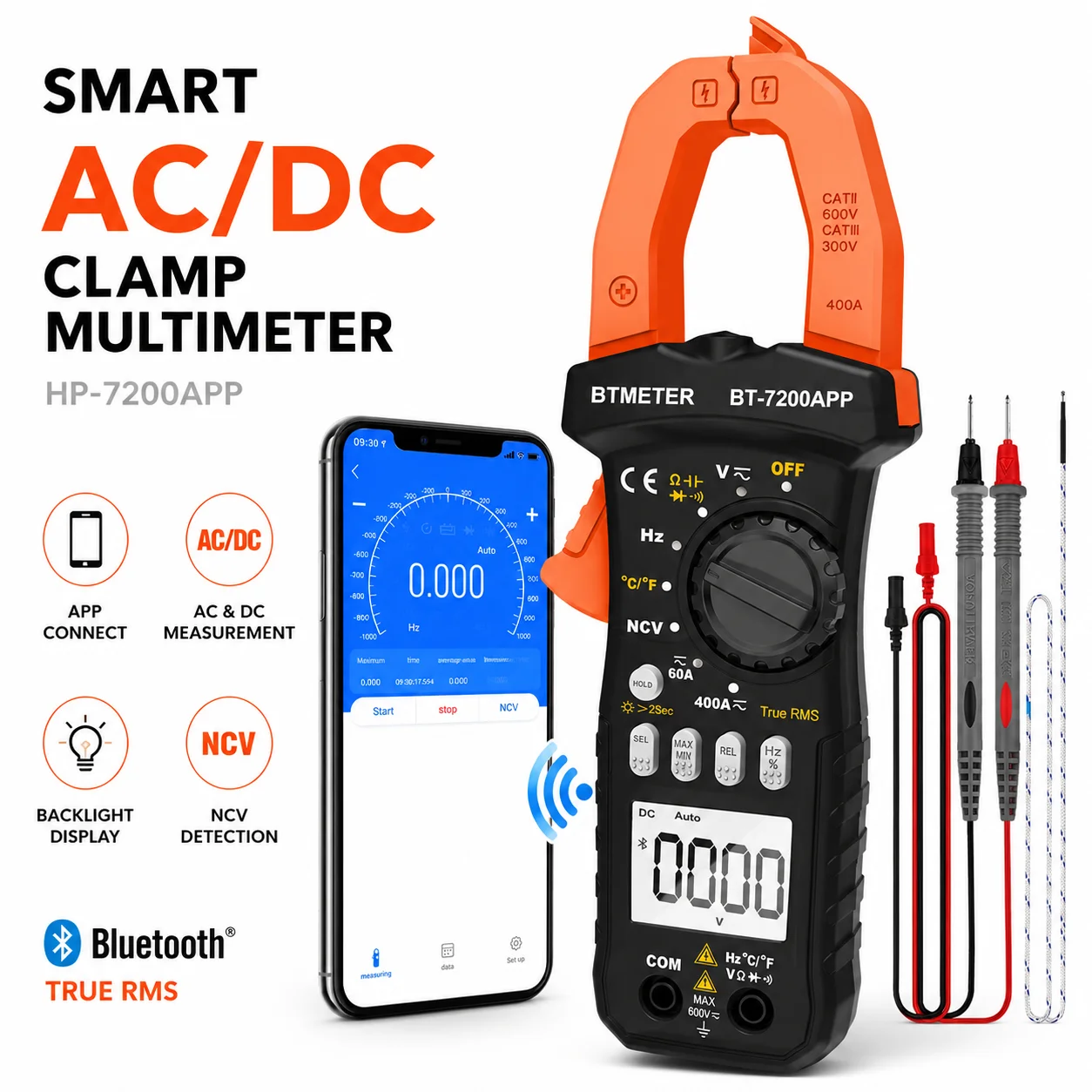 HoldPeak 7200-APP Digital Bluetooth Clamp Meter TRMS 6000 Counts Multimeter Non-contact AC DC Voltage Current Resistance Tester